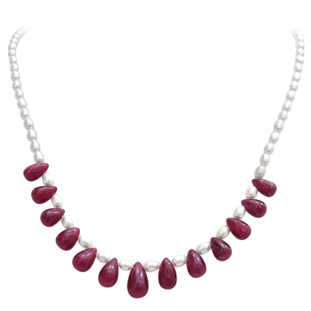 Passionate Forever - Single Line Real Drop Ruby & Rice Pearl Necklace for Women (SN350)