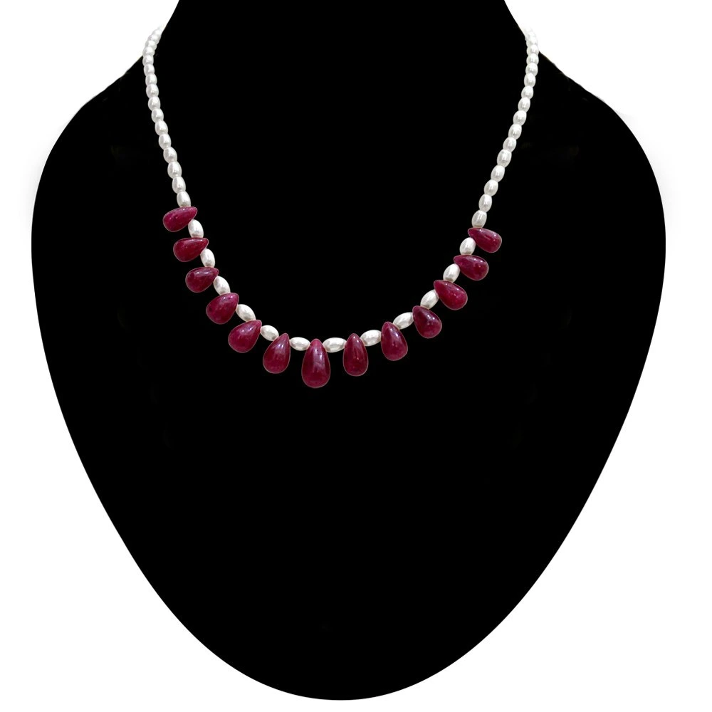 Passionate Forever - Single Line Real Drop Ruby & Rice Pearl Necklace for Women (SN350)