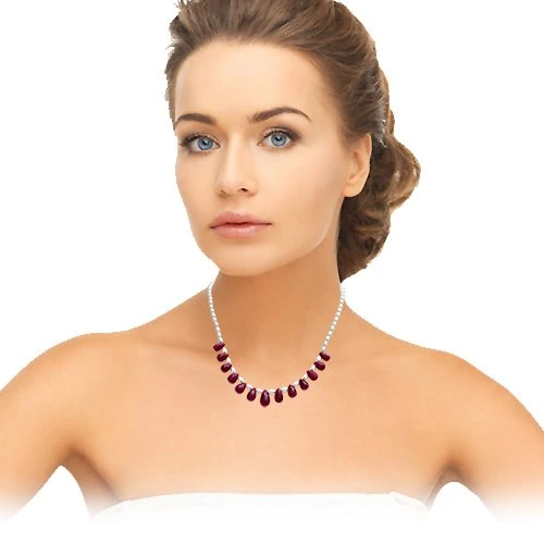 Passionate Forever - Single Line Real Drop Ruby & Rice Pearl Necklace for Women (SN350)