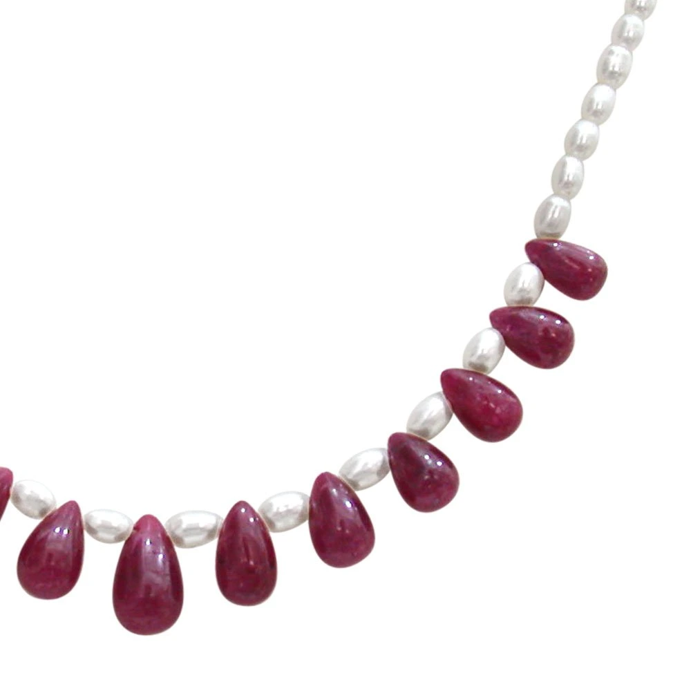 Passionate Forever - Single Line Real Drop Ruby & Rice Pearl Necklace for Women (SN350)