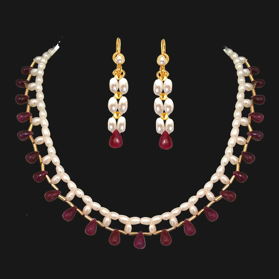 Marvelous - Real Drop Ruby & Rice Pearl Necklace & Earring Set for Women (SN352+SE126)