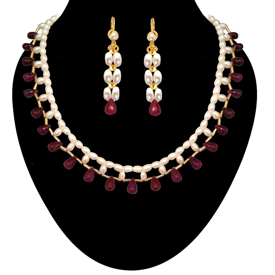 Marvelous - Real Drop Ruby & Rice Pearl Necklace & Earring Set for Women (SN352+SE126)