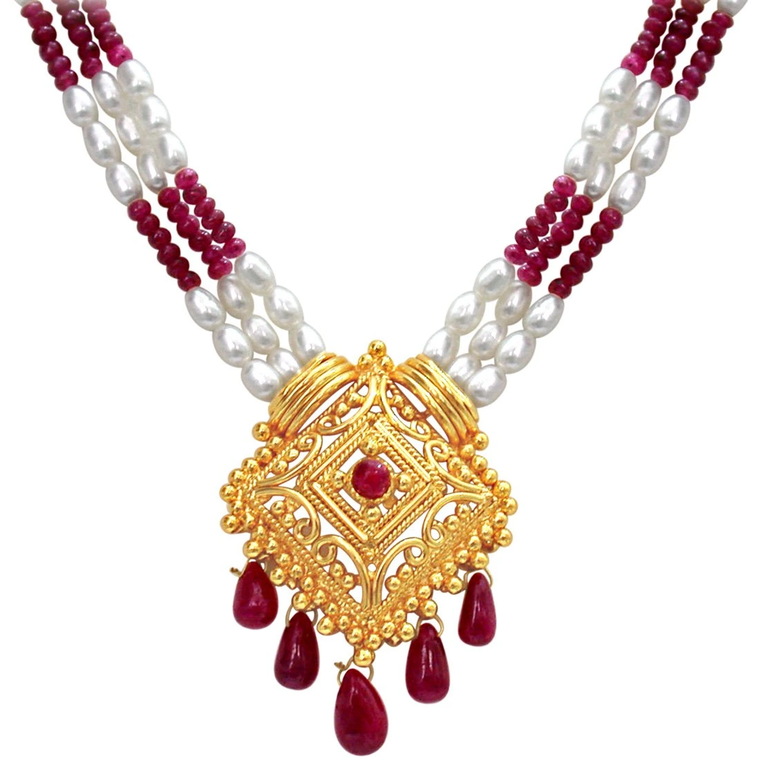 Indian Delights - 3 Line Real Ruby, Rice Pearl & Gold Plated Pendant Necklace for Women (SN353)