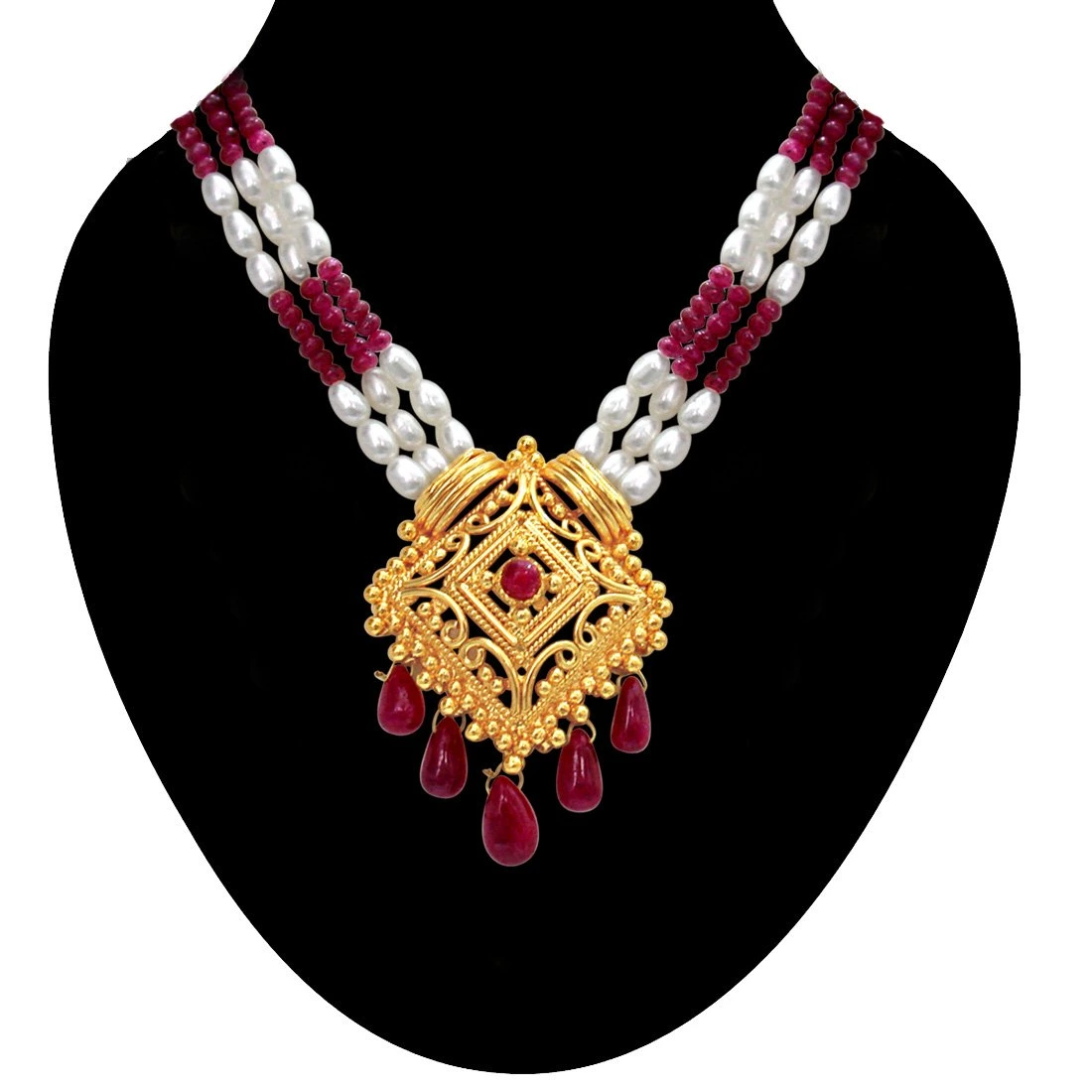 Indian Delights - 3 Line Real Ruby, Rice Pearl & Gold Plated Pendant Necklace for Women (SN353)