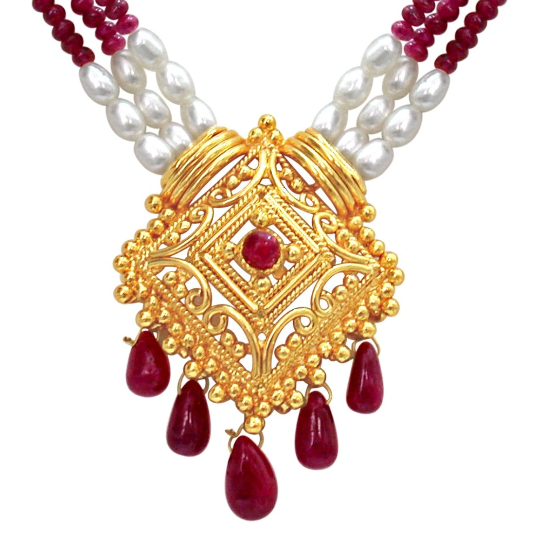 Indian Delights - 3 Line Real Ruby, Rice Pearl & Gold Plated Pendant Necklace for Women (SN353)
