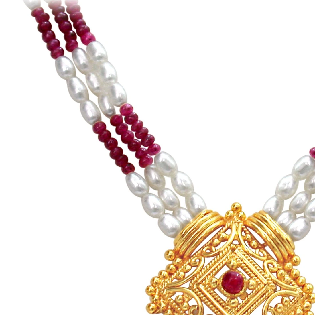 Indian Delights - 3 Line Real Ruby, Rice Pearl & Gold Plated Pendant Necklace for Women (SN353)