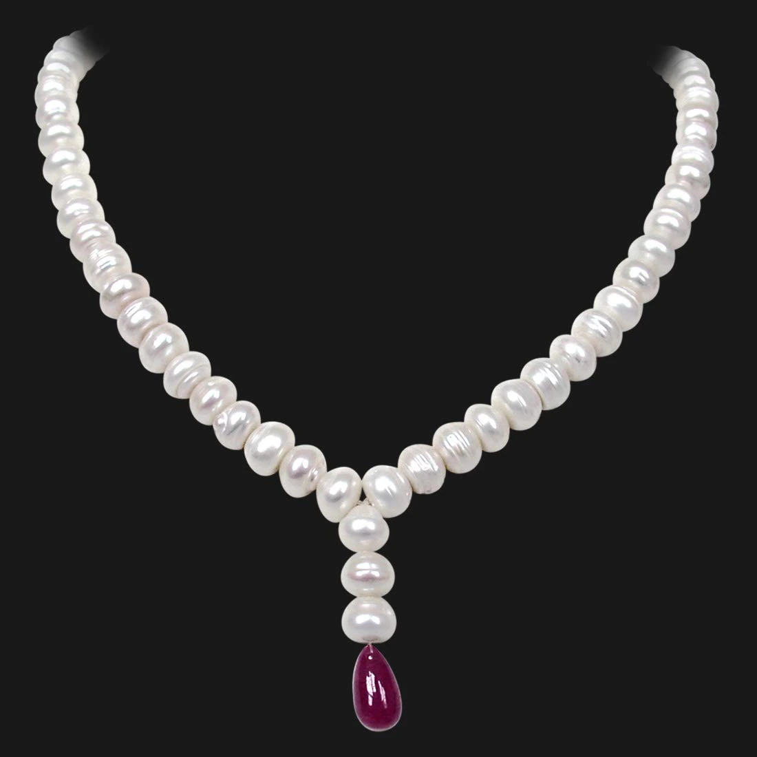 Single Line Big Freshwater Pearl & Drop Ruby Necklace for Women (SN386)