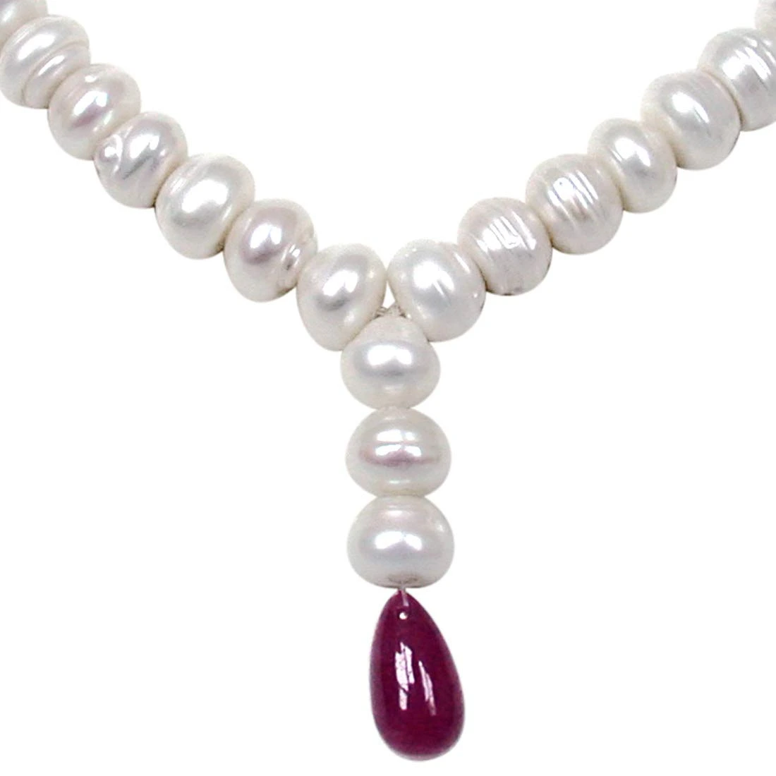 Single Line Big Freshwater Pearl & Drop Ruby Necklace for Women (SN386)