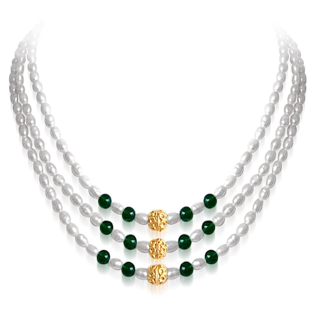 Stately Elegance - 3 Line Real Green Onyx and Rice Pearl Necklace for Women (SN40)