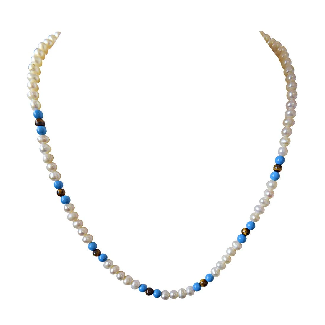 Blue Lagoon - Single Line Real Freshwater Pearl, Turquoise & Tiger Eye Beads Necklace for Women (SN401)