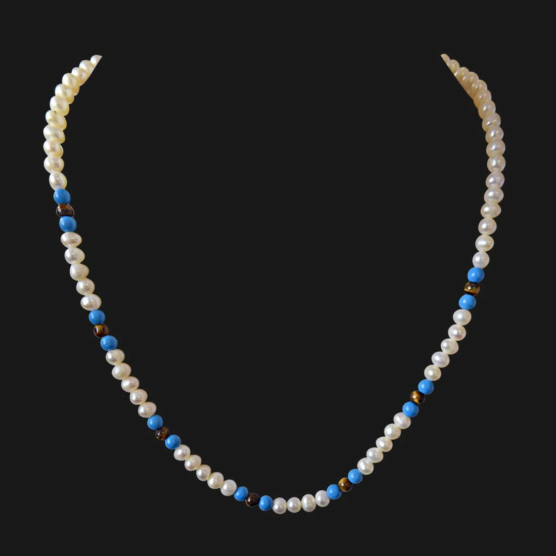 Blue Lagoon - Single Line Real Freshwater Pearl, Turquoise & Tiger Eye Beads Necklace for Women (SN401)