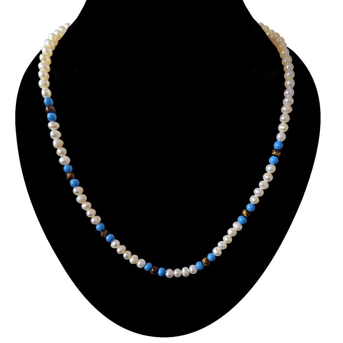 Blue Lagoon - Single Line Real Freshwater Pearl, Turquoise & Tiger Eye Beads Necklace for Women (SN401)