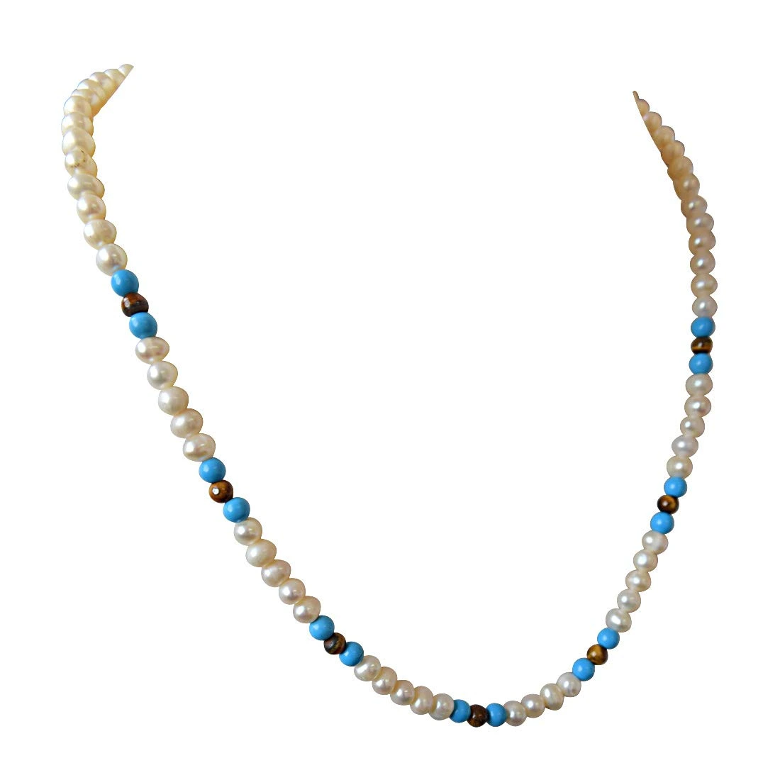 Blue Lagoon - Single Line Real Freshwater Pearl, Turquoise & Tiger Eye Beads Necklace for Women (SN401)