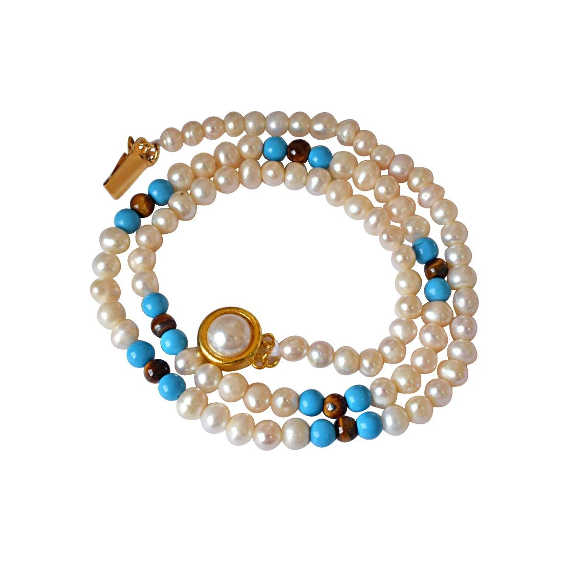 Blue Lagoon - Single Line Real Freshwater Pearl, Turquoise & Tiger Eye Beads Necklace for Women (SN401)