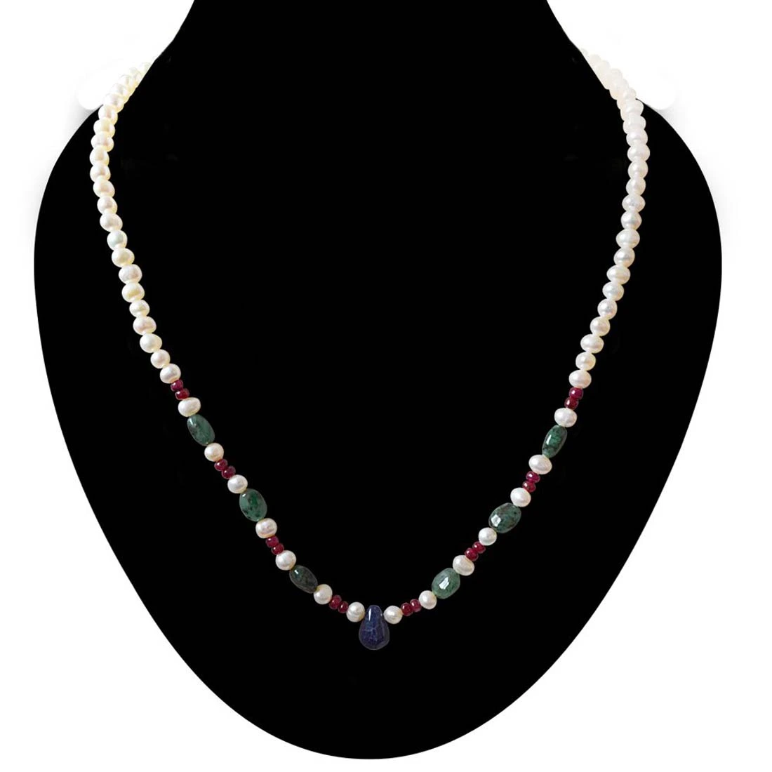 Green Goddess of Grace - Real Freshwater Pearl, Drop Sapphire, Oval Emerald & Ruby Beads Necklace for Women (SN406)