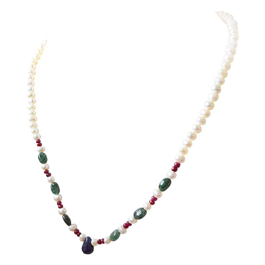 Green Goddess of Grace - Real Freshwater Pearl, Drop Sapphire, Oval Emerald & Ruby Beads Necklace for Women (SN406)