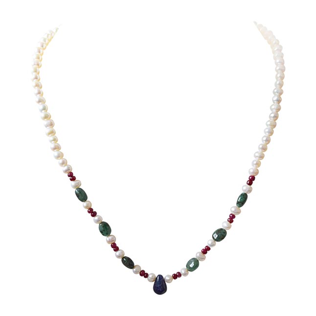 Green Goddess of Grace - Real Freshwater Pearl, Drop Sapphire, Oval Emerald & Ruby Beads Necklace for Women (SN406)