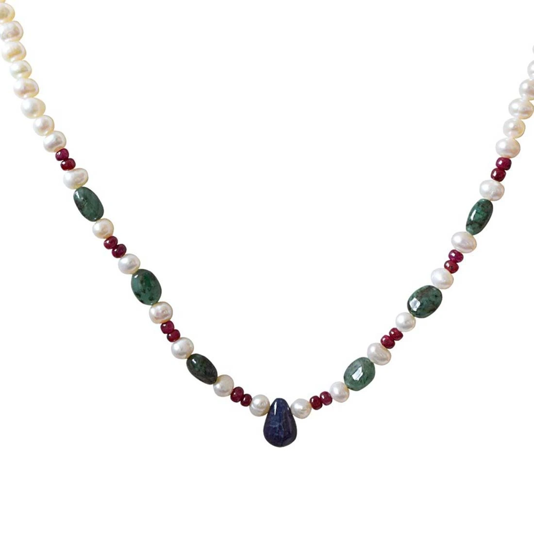 Green Goddess of Grace - Real Freshwater Pearl, Drop Sapphire, Oval Emerald & Ruby Beads Necklace for Women (SN406)