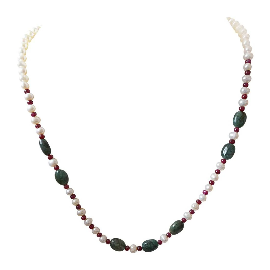 Single n Ready To Mingle? - Real Freshwater Pearl, Oval Emerald & Ruby Beads Necklace for Women (SN407)