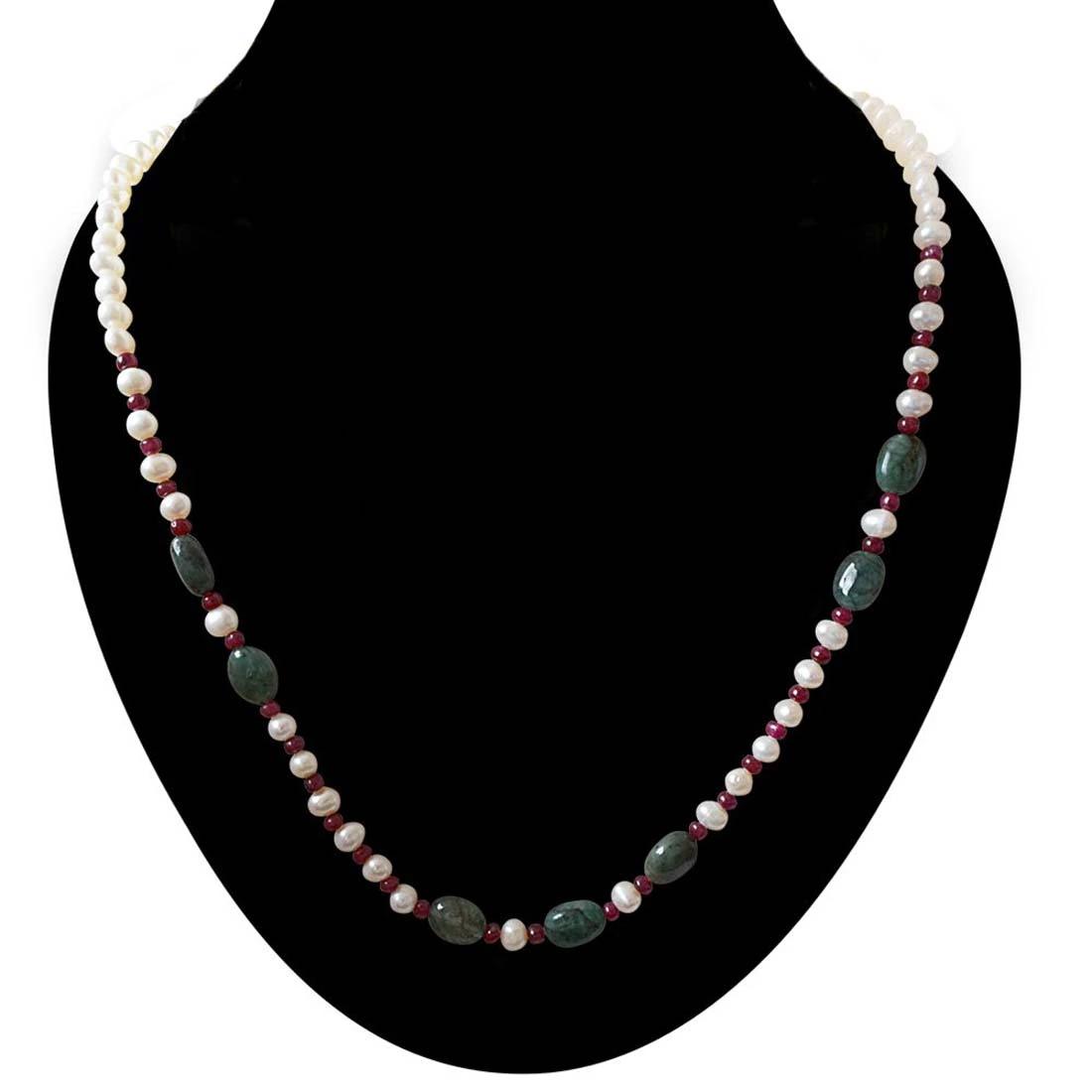 Single n Ready To Mingle? - Real Freshwater Pearl, Oval Emerald & Ruby Beads Necklace for Women (SN407)