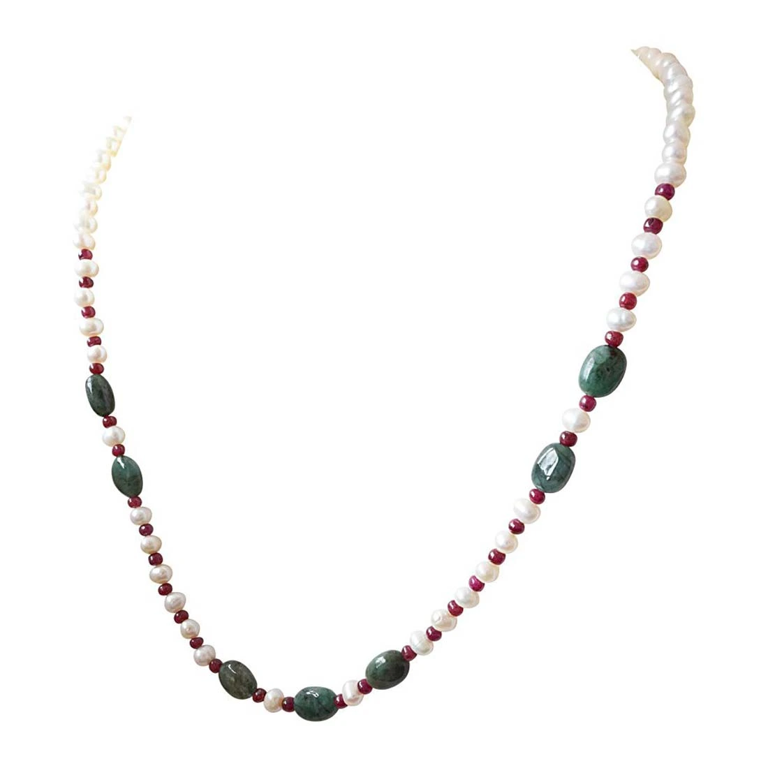 Single n Ready To Mingle? - Real Freshwater Pearl, Oval Emerald & Ruby Beads Necklace for Women (SN407)