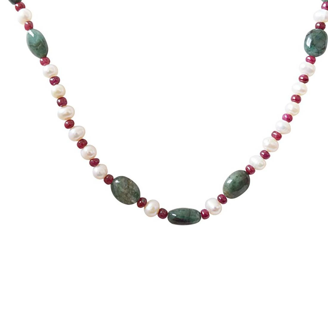 Single n Ready To Mingle? - Real Freshwater Pearl, Oval Emerald & Ruby Beads Necklace for Women (SN407)