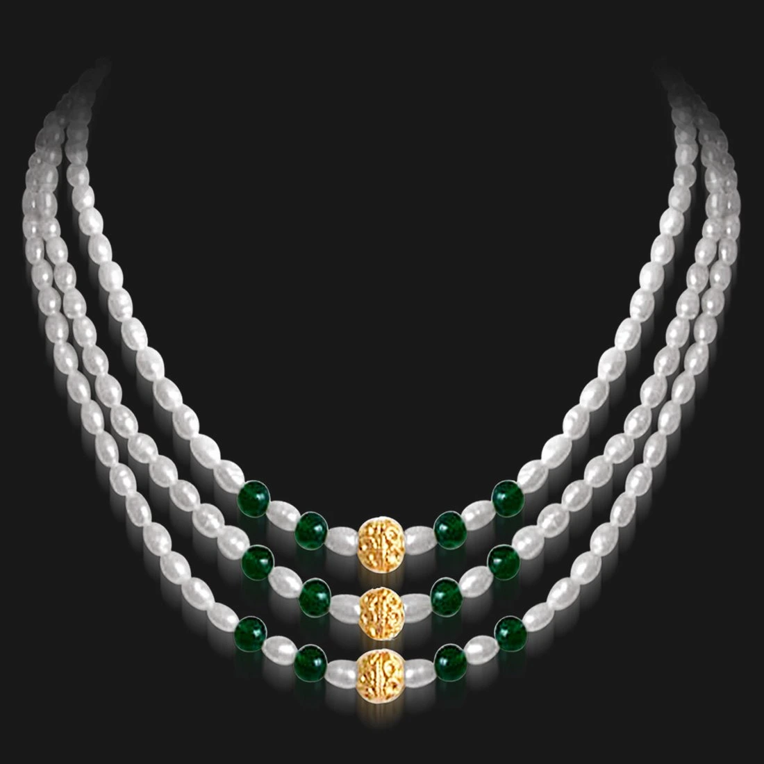 Stately Elegance - 3 Line Real Green Onyx and Rice Pearl Necklace for Women (SN40)