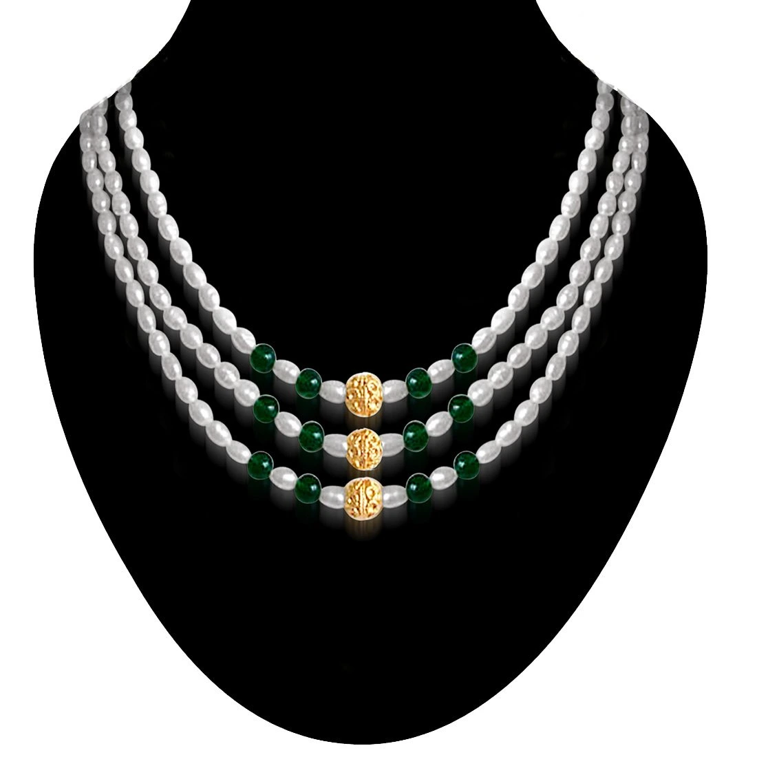 Stately Elegance - 3 Line Real Green Onyx and Rice Pearl Necklace for Women (SN40)