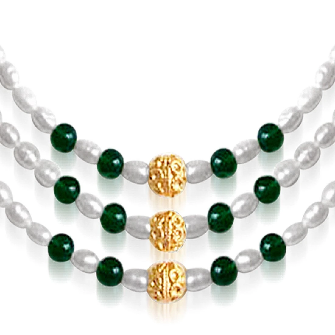 Stately Elegance - 3 Line Real Green Onyx and Rice Pearl Necklace for Women (SN40)