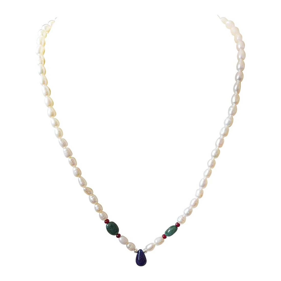 Stars In Her Eyes - Real Rice Pearl, Drop Sapphire, Oval Emerald & Ruby Beads Necklace for Women (SN412)