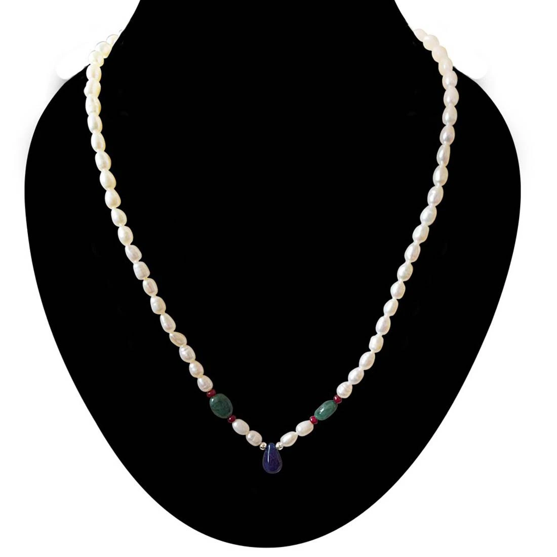 Stars In Her Eyes - Real Rice Pearl, Drop Sapphire, Oval Emerald & Ruby Beads Necklace for Women (SN412)