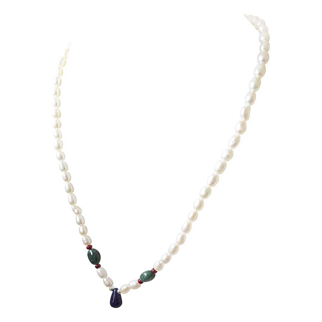 Stars In Her Eyes - Real Rice Pearl, Drop Sapphire, Oval Emerald & Ruby Beads Necklace for Women (SN412)