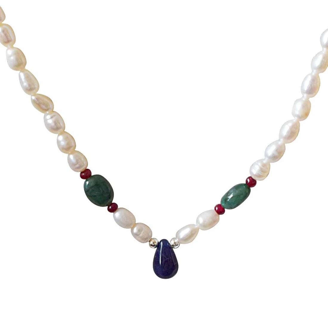 Stars In Her Eyes - Real Rice Pearl, Drop Sapphire, Oval Emerald & Ruby Beads Necklace for Women (SN412)