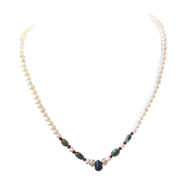Beautiful Grace - Real Freshwater Pearl, Drop Sapphire, Oval Emerald & Ruby Beads Necklace for Women (SN423)