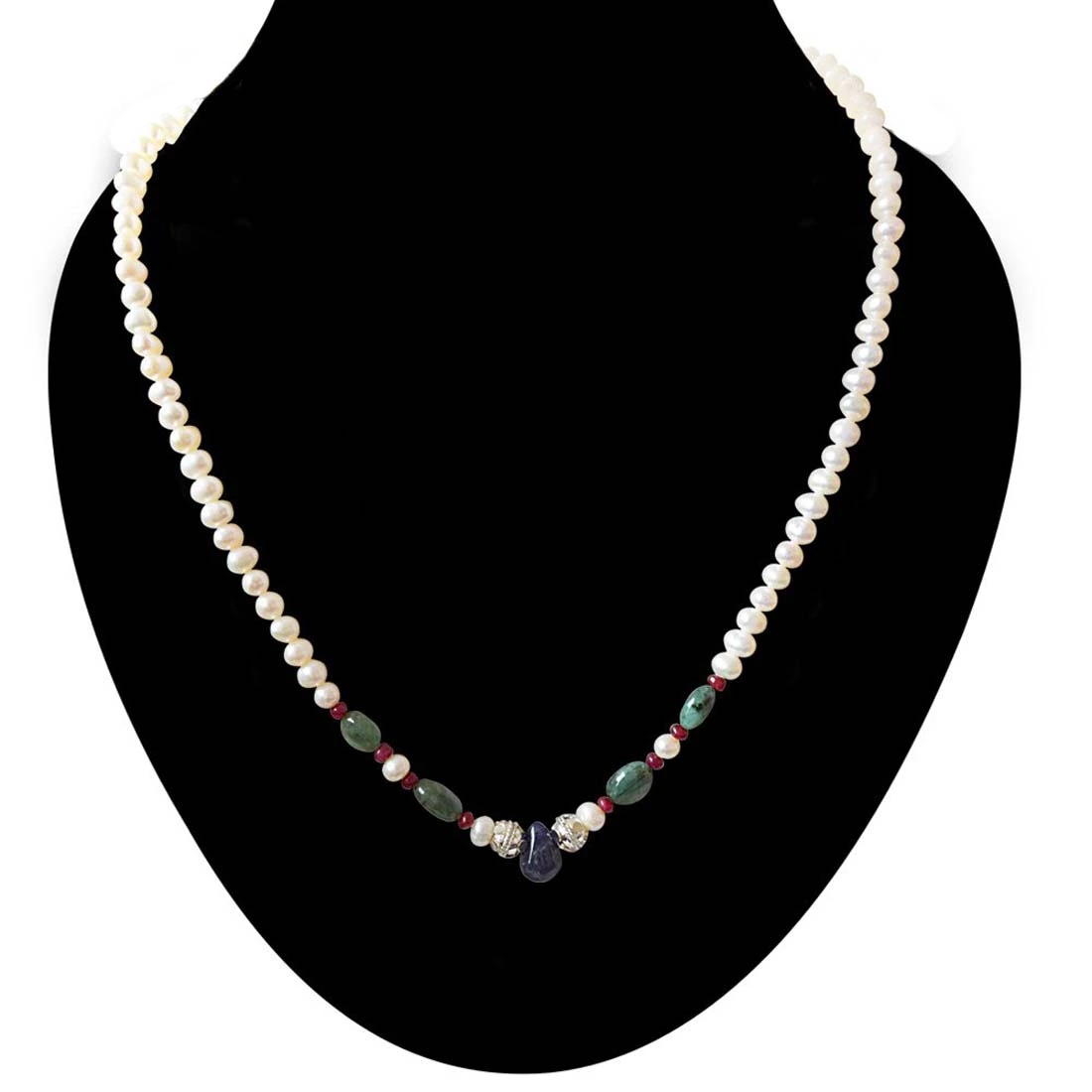 Beautiful Grace - Real Freshwater Pearl, Drop Sapphire, Oval Emerald & Ruby Beads Necklace for Women (SN423)