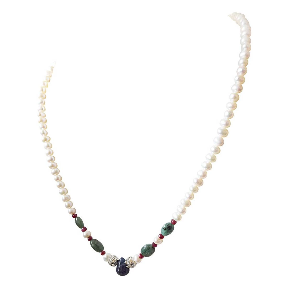Beautiful Grace - Real Freshwater Pearl, Drop Sapphire, Oval Emerald & Ruby Beads Necklace for Women (SN423)
