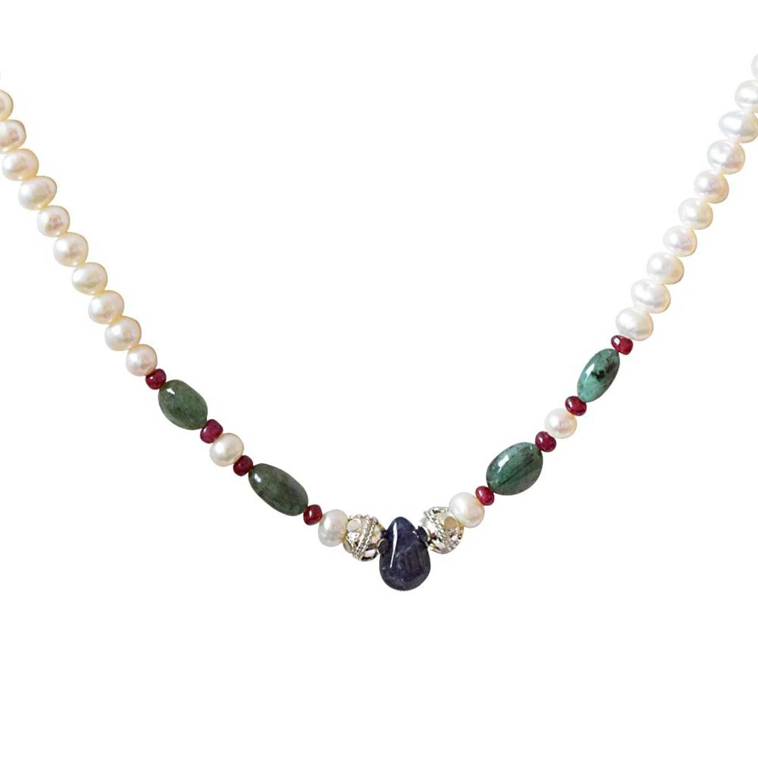 Beautiful Grace - Real Freshwater Pearl, Drop Sapphire, Oval Emerald & Ruby Beads Necklace for Women (SN423)