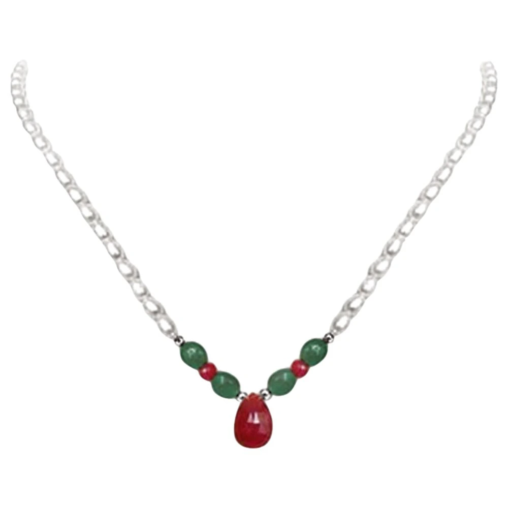Marvel - All - Real Rice Pearl, Oval Emerald, Drop Ruby & Ruby Beads Necklace For Women (SN433)