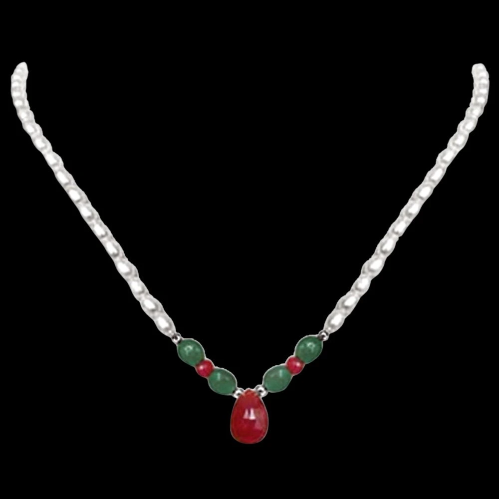 Marvel - All - Real Rice Pearl, Oval Emerald, Drop Ruby & Ruby Beads Necklace For Women (SN433)