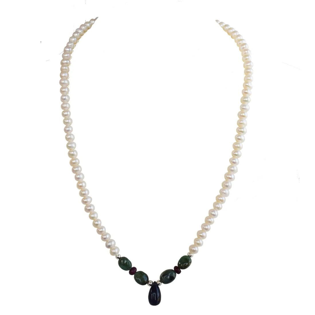 Impress In Style - Real Rice Pearl, Drop Sapphire, Oval Emerald & Ruby Beads Necklace for Women (SN1010)