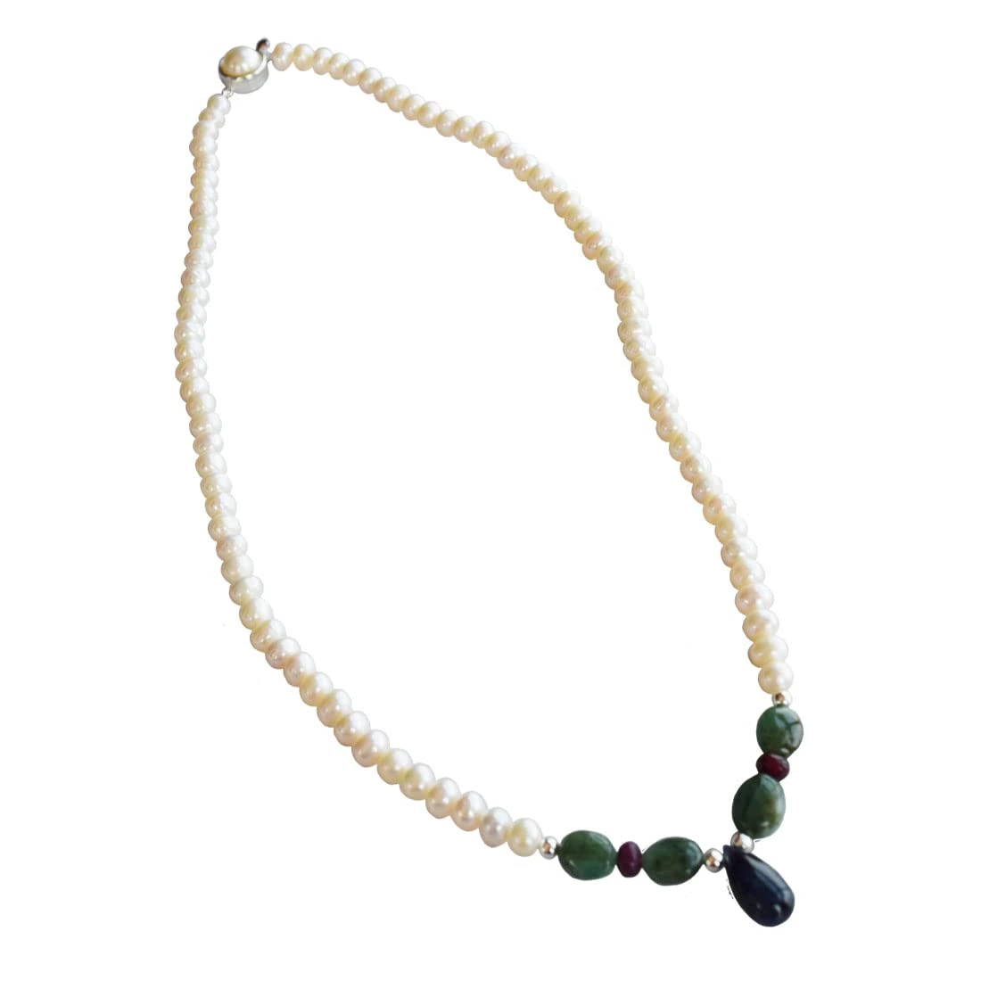 Impress In Style - Real Rice Pearl, Drop Sapphire, Oval Emerald & Ruby Beads Necklace for Women (SN1010)