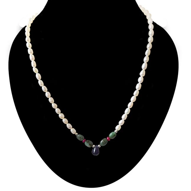 Impress In Style - Real Rice Pearl, Drop Sapphire, Oval Emerald & Ruby Beads Necklace for Women (SN1010)