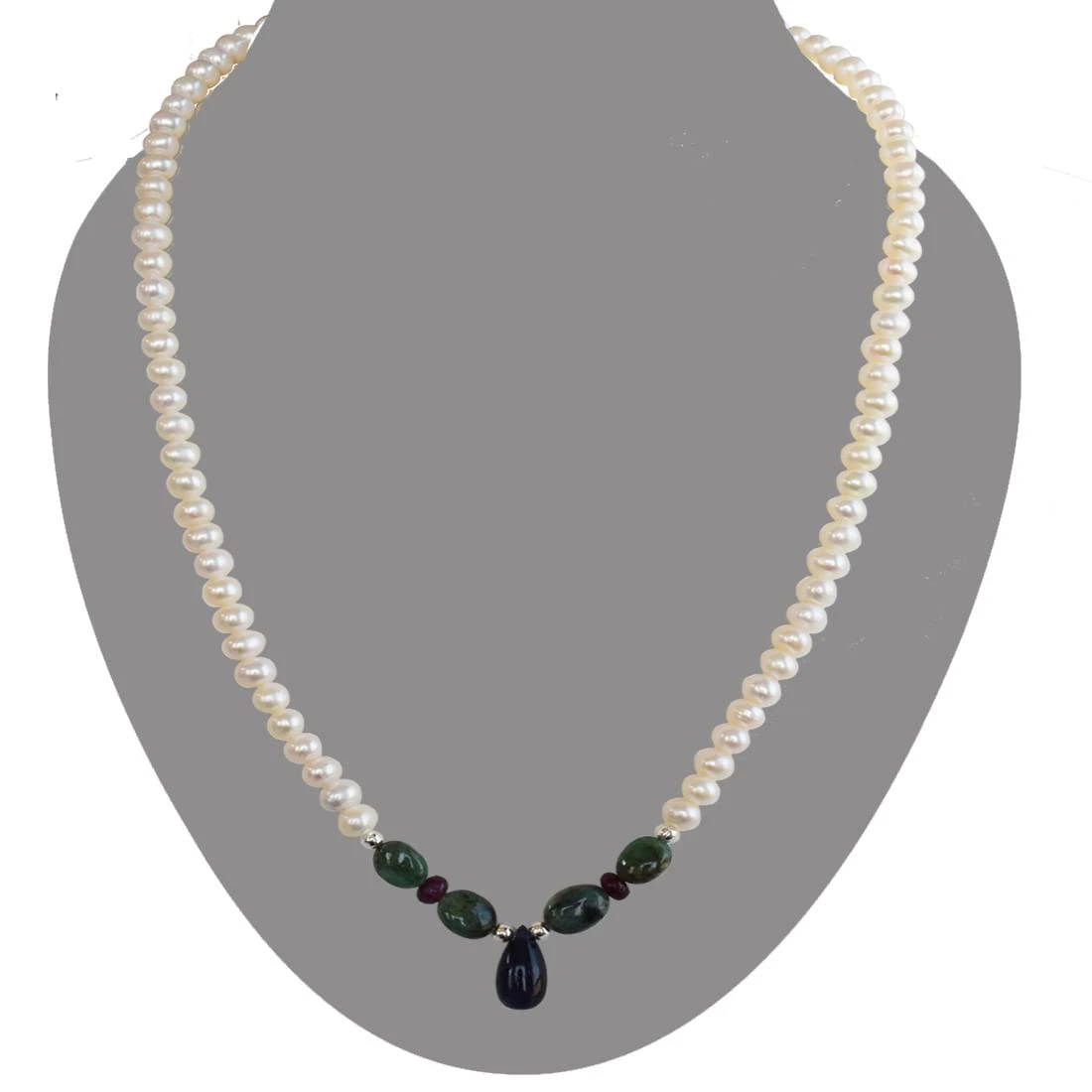 Impress In Style - Real Rice Pearl, Drop Sapphire, Oval Emerald & Ruby Beads Necklace for Women (SN434)