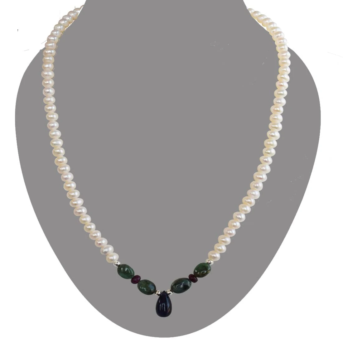 Impress In Style - Real Rice Pearl, Drop Sapphire, Oval Emerald & Ruby Beads Necklace for Women (SN1010)