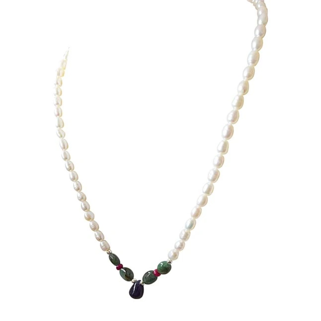 Impress In Style - Real Rice Pearl, Drop Sapphire, Oval Emerald & Ruby Beads Necklace for Women (SN1010)