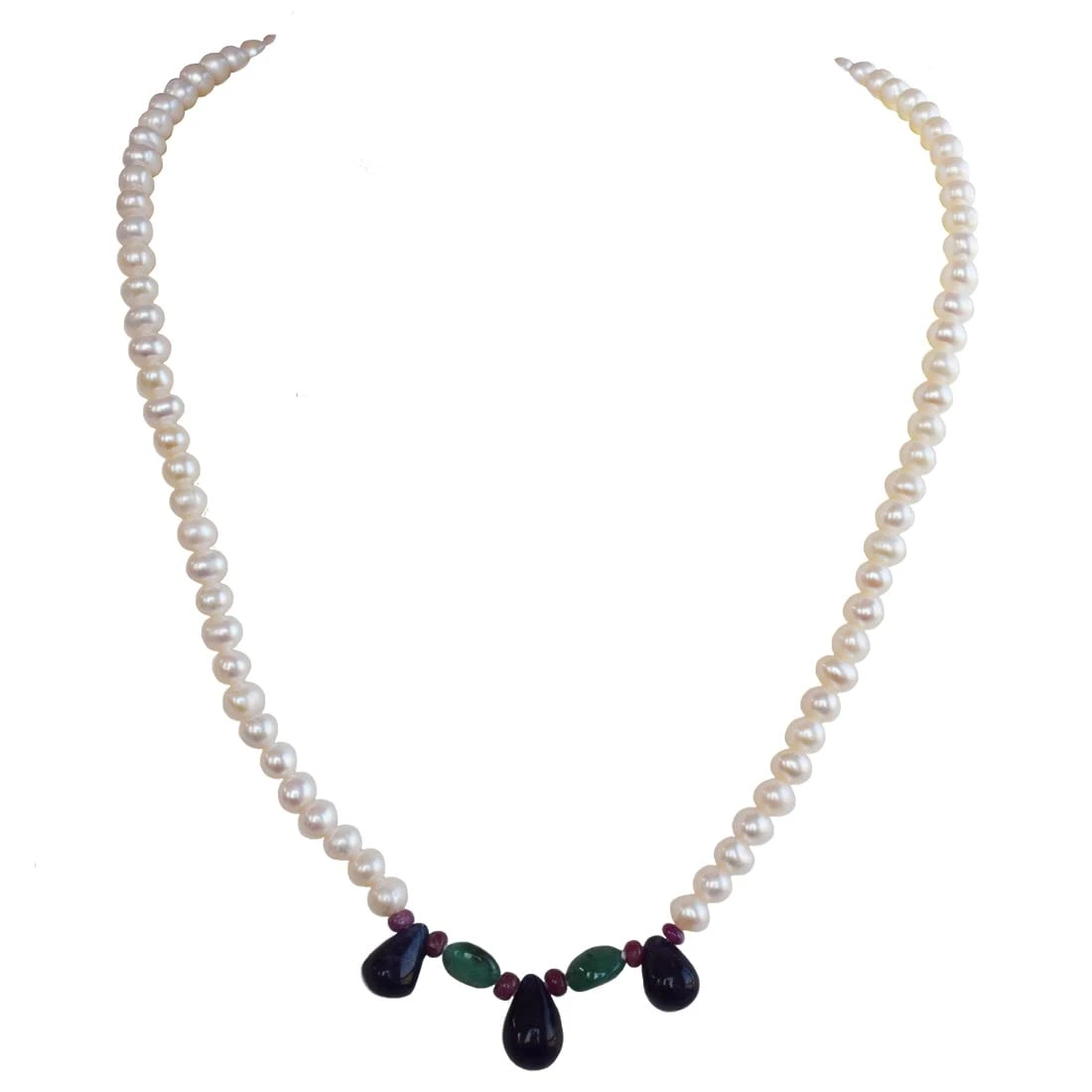 His Pretty Princess - Real Rice Pearl, Drop Sapphire, Oval Emerald & Ruby Beads Necklace For Women (SN437)