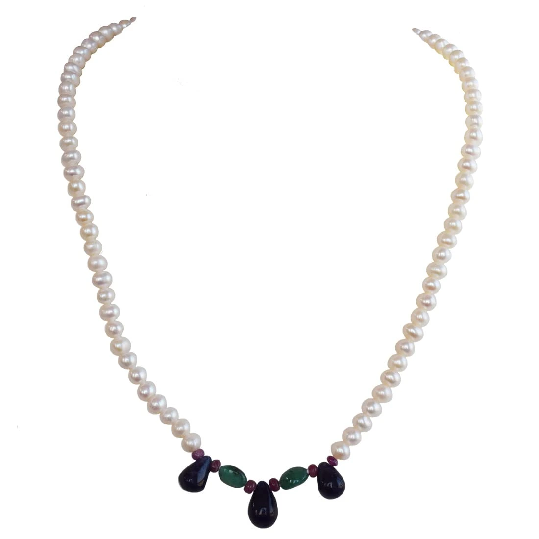 His Pretty Princess - Real Rice Pearl, Drop Sapphire, Oval Emerald & Ruby Beads Necklace For Women (SN1011)