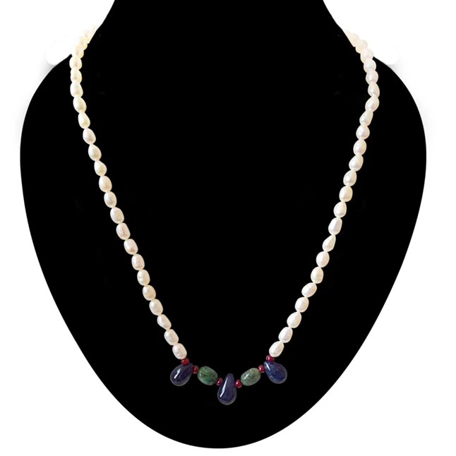 His Pretty Princess - Real Rice Pearl, Drop Sapphire, Oval Emerald & Ruby Beads Necklace For Women (SN1011)