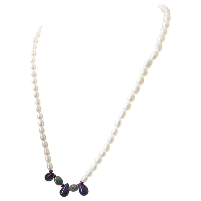 His Pretty Princess - Real Rice Pearl, Drop Sapphire, Oval Emerald & Ruby Beads Necklace For Women (SN1011)
