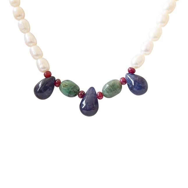 His Pretty Princess - Real Rice Pearl, Drop Sapphire, Oval Emerald & Ruby Beads Necklace For Women (SN1011)